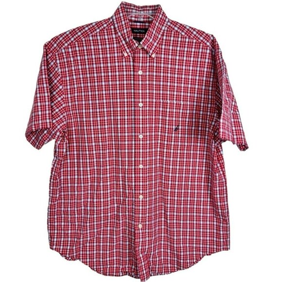 Nautica Men's Casual Button-Down Red and White Plaid Short Sleeve Shirt  Large - Picture 1 of 9